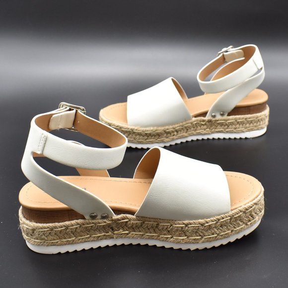 Women's Cute White Faux Leather Ankle Strap Toe Platform Espadrille Wedge Sandal - Picture 4 of 4